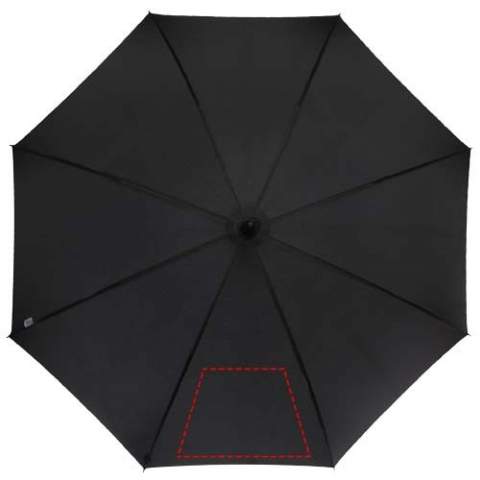 Automatic opening umbrella with a pongee polyester canopy, and a sturdy black plated metal shaft. The high quality full fiberglass frame offers maximum flexibility in windy conditions. Crooked handle with a carbon look finish and black nickel plated tips. Luxe branded details on woven label on the canopy and the closure strap. Large decoration area on each of the panels.