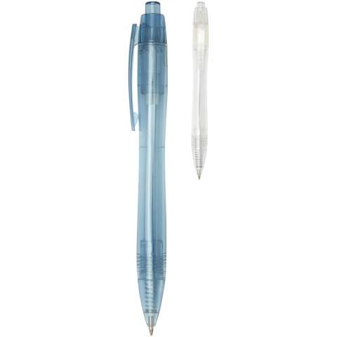 Kugelschreiber mit Klickmechanismus und transparentem Schaft. Der Schaft besteht aus recycelten Wasserflaschen, was dazu beiträgt, die Menge an Kunststoffabfällen zu reduzieren.