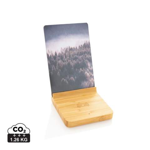 Bamboo 5W wireless photo fame with bamboo wireless charging base and acrylic ( 15 x 10 cm) photo frame. Including 150 cm PVC free TPE micro charging cable. With rubber tips on the bottom to avoid the item from sliding. Compatible with all QI enabled devices like Android latest generation, iPhone 8 and up. ; Input: 5V/2A; Wireless Output: 5V/1A - 5W<br /><br />WirelessCharging: true