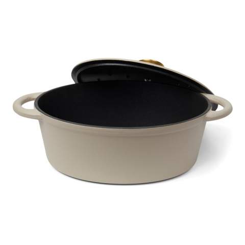 Introducing a classic cast iron pot from the Monte series, perfect for casseroles and slow cooking with its excellent heat capacity. Its thick base is designed to prevent contents from burning easily, while the lid features small spikes that enable even and gentle distribution of water vapour from condensation over the contents, providing a self-basting feature. The pot's black enamel interior features larger pores and a slightly rougher surface that gradually fills with oil over time, producing a non-stick patina similar to raw cast iron. This versatile pot is suitable for all types of hobs, including induction hobs.