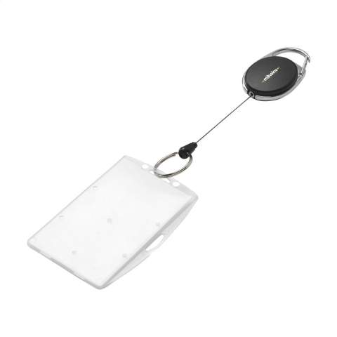 Porte-cartes avec mécanisme d'enroulement et système de recul. Fabriqué en métal combiné à du plastique ABS. Le clip à roulettes est doté d'un anneau pour clés et d'un mousqueton. Le cordon de 60 cm permet d'utiliser facilement des cartes d'accès, des badges ou des clés. Attachez le support à votre pantalon ou à votre sac et passez votre carte d'accès devant le scanner en un seul mouvement. Parfait pour une utilisation dans les bureaux, les foires, les conférences ou même sur les pistes de ski.