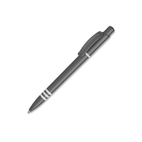 The Tropic Colour ball pen in hardcolour has a large imprint space on both, clip, and barrel. With a coloured barrel, pusher, and clip. The barrel has three white coloured rings. Includes a pusher mechanism and a blue writing Jumbo refill. The pen is made of ABS plastic and is made in Europe. From orders of 5.000 pieces, you can choose your own colour combination.