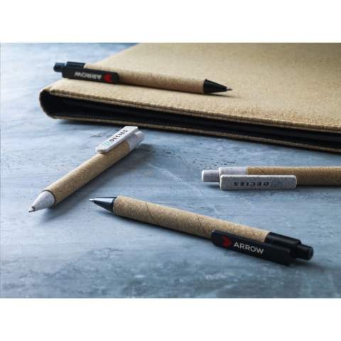 WoW! Eco-friendly, blue ink ballpoint pen with a barrel made of cork. The point, top, push button and clip are made of 50% PP and 50% wheat straw. Partly biodegradable.