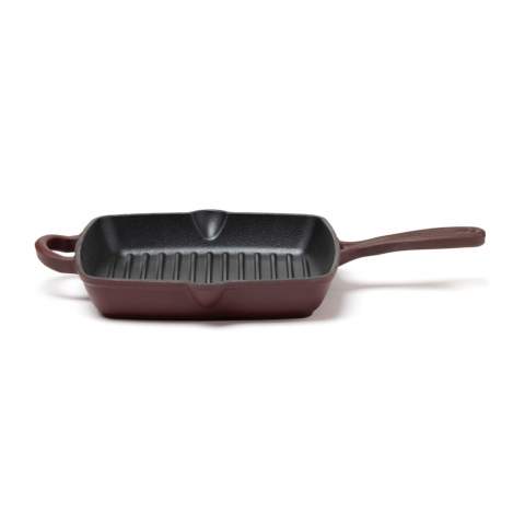 A classic enamelled cast iron grill pan with a griddle that elevates the contents and produces indirect heat, akin to a grill. This design also allows for efficient drainage of fat, preventing the food from cooking in excess fat. The cast iron material ensures even distribution of heat throughout the griddle and enables it to retain heat for a prolonged period. The pan's durability enables it to be used on various heat sources, including the oven, making it ideal for keeping dinner warm for extended periods.