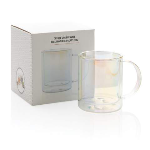 Crafted with lightweight yet durable double-walled glass that's hot and cold ready. Made with high quality borosilicate glass. Electroplated finish for an extra chic effect. Supplied in full colour box. Capacity 330ml.