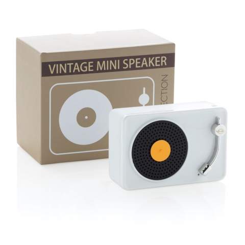 Trendy 3W wireless speaker with vintage look and feel in fashionable colours. Clear sound quality with BT 5.0 for smooth connection to the wireless speaker, up to 10 metres operating distance. The 350 mah battery allows a playing time of up to 3 hours in one charge and re-charging time of 2 hours. Packed in vintage design gift box. ABS material. With Mic to answer calls.