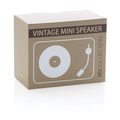 Trendy 3W wireless speaker with vintage look and feel in fashionable colours. Clear sound quality with BT 5.0 for smooth connection to the wireless speaker, up to 10 metres operating distance. The 350 mah battery allows a playing time of up to 3 hours in one charge and re-charging time of 2 hours. Packed in vintage design gift box. ABS material. With Mic to answer calls.