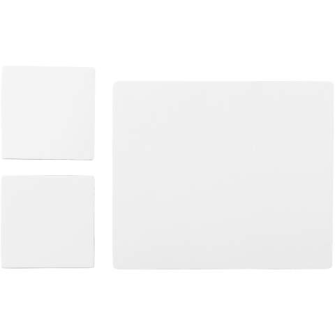 Features a Q-Mat mouse mat and a set of two matching coasters branded with your company design. The set comprises of a rectangular mousemat (0.3 x 23.5 x 20 cm) and two square coasters (0.3 x 9.8 x 9.8 cm).