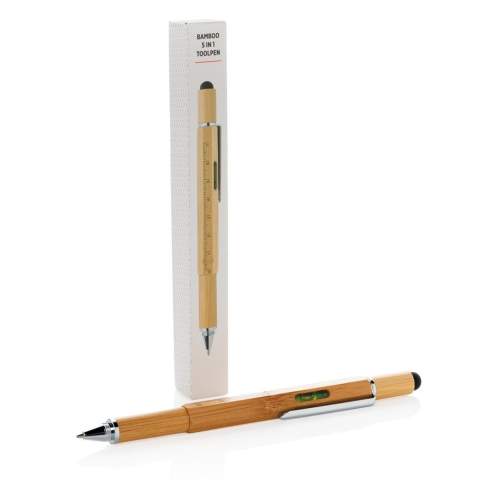 Multifunctionele bamboe pen met liniaal (7cm), waterpas, schroevendraaier, stylus pen en balpen met blauwe schrijfinkt (tot 400m) Gemaakt van bamboe materiaal met aluminium clip