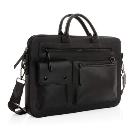 The Swiss Peak GRS recycled PU 14 inch laptop bag breathes modern luxury with a smooth finish in a rich black hue. Includes a detachable strap with dark coloured hardware and two front zipped compartments. Made with GRS certified recycled materials. Made from 100% GRS certified PU. GRS certification ensures a completely certified supply chain of the recycled materials. Total recycled content: 61% based on total item weight. PVC free.<br /><br />FitsLaptopTabletSizeInches: 14.0<br />PVC free: true