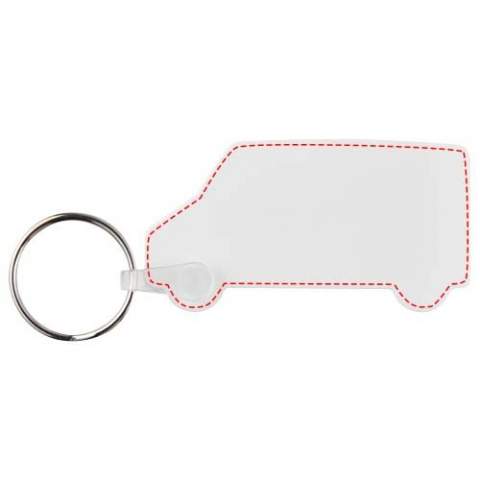 Weißer Schlüsselanhänger in Form eines Vans mit metallenem Schlüsselring. Der Metallring bietet ein flaches Profil, das sich ideal für Mailings eignet.