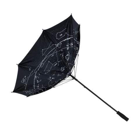 Parapluie anti-vent avec une toile en nylon 190T, ouverture automatique, cadre en fibre de verre, poignée douce, fermeture par bande auto-agrippante et constellations à l'intérieur. Protège également du soleil et de la chaleur.
