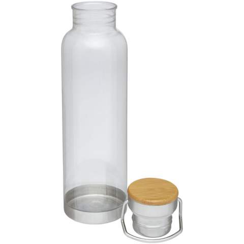 Single-walled water bottle in durable Tritan™ material. Shatter, stain, and odour resistant. Features a screw-on lid with bamboo top, as well as a handle for easy carrying. BPA free. Volume capacity is 800 ml. Presented in an Avenue gift box.