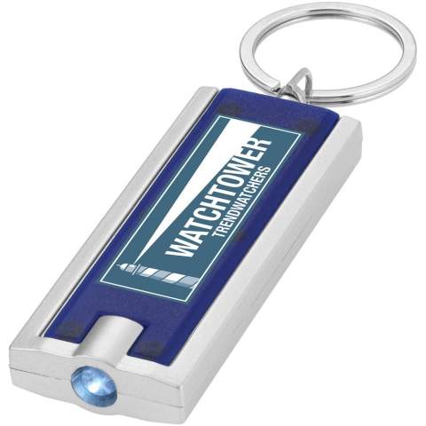 Porte clé torche à LED blanche lumineuse avec bouton-poussoir. Anneau métallique. Piles fournies.