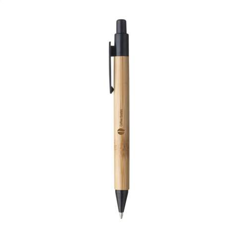 WoW! Blauschreibender Kugelschreiber mit Bambusgehäuse. Der Clip, der Druckknopf und die Spitze sind hergestellt aus Weizenstroh/PP-Kunststoff.