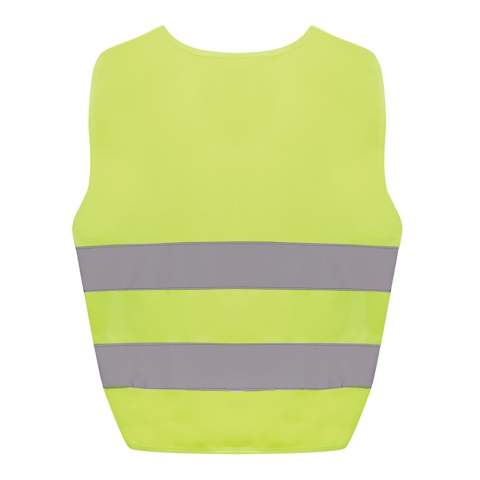 XS-sized high-visibility vest designed for children aged 3 to 6, with a height range of 90 to 140 cm. This vest features space for decoration on both the front and rear sides. It is equipped with hook and loop closures on the shoulders and at the bottom for added safety and easy donning. The elastic bands on the opposite side provide flexibility, allowing it to be comfortably worn over thick coats. This vest has rigorous testing and complies with EN 17353:2020 Type AB3. Furthermore, it adheres to the PPE guidelines specified in Regulation (EU) 2016/425 for Personal Protective Equipment Category II. Made with GRS certified recycled PET. Total recycled content: 55% based on total item weight. GRS certification ensures a completely certified supply chain of the recycled materials.