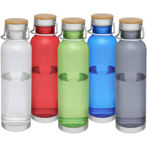 Single-walled water bottle in durable Tritan™ material. Shatter, stain, and odour resistant. Features a screw-on lid with bamboo top, as well as a handle for easy carrying. BPA free. Volume capacity is 800 ml. Presented in an Avenue gift box.