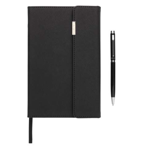 This notebook and pen set is a fantastic choice for those wanting to look sleek and sophisticated at the office.  The notebook features a rich texture PU cover with metal logo, with 80 sheets/160 pages 80 grms lined cream coloured paper. The pen comes with German ink and offers 1200 metre writing length. Packed in luxury sleeve gift box.<br /><br />NotebookFormat: A5<br />NumberOfPages: 160<br />PaperRulingLayout: Lined pages