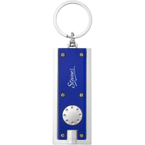 Porte clé torche à LED blanche lumineuse avec bouton-poussoir. Anneau métallique. Piles fournies.