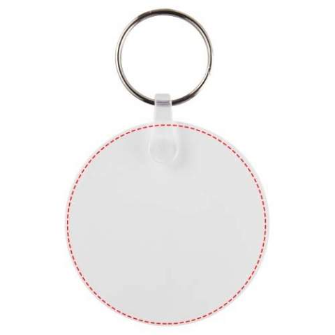 White circle-shaped keychain with metal split keyring. The metal looped ring offers a flat profile which is ideal for mailings.