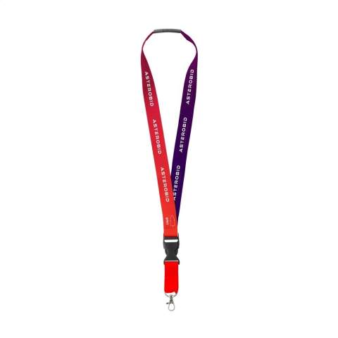 Lanyard of strong woven RPET polyester. With metal carabiner and plastic safety lock. The lower part can be disconnected by means of a plastic buckle. Including full-colour sublimation print. Made in Europe.