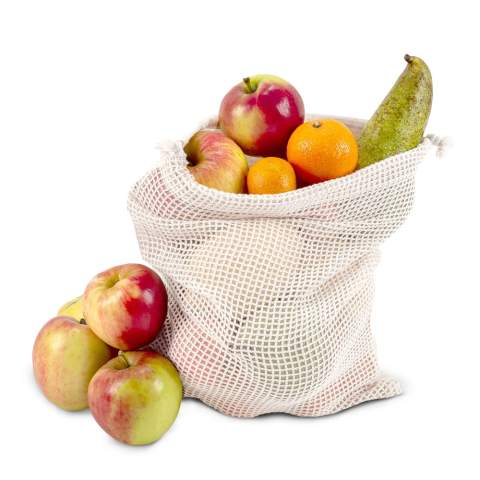 Reduce the number of plastic bags in the supermarket by using your own food bag. This unbleached cotton bag with mesh is highly suitable for fruits and vegetables. Re-use it over and over again and when dirty, simply wash it at low temperatures (could shrink).