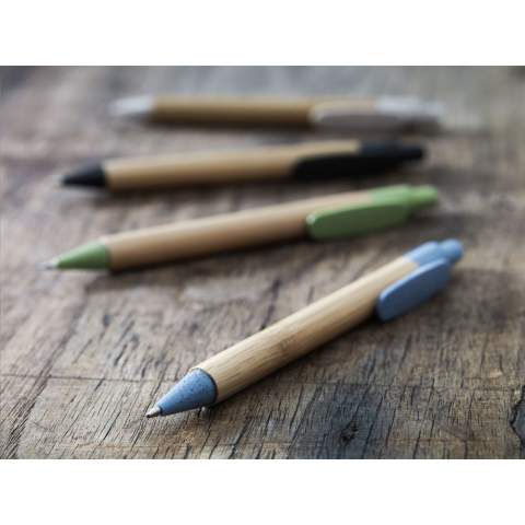 WoW! Blue ink ballpoint pen with bamboo barrel. The clip, push button and point section are made of wheat straw/PP plastic.