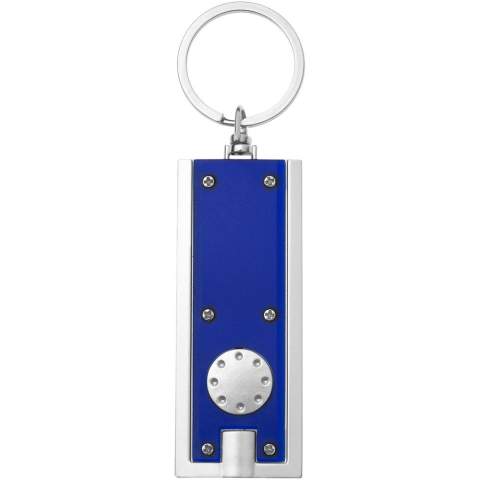 Porte clé torche à LED blanche lumineuse avec bouton-poussoir. Anneau métallique. Piles fournies.