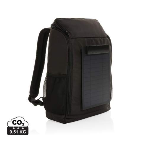 This modern AWARE™ RPET backpack accompanies you on every adventure. With deep vertical front pockets and a neat easy access opening that reveals a roomy interior complete with a 15.6 inch laptop compartment. The attached 5W solar panel allows direct charging to your mobile device, speaker, powerbank or other device. Simply connect your cable to the device while the panel is in sunlight and start charging. Charge rate depends on conditions. The panel uses high quality monocrystalline solar panels with 21% conversion rate. With USB A and Type C output (max 5V/1A) and charge indicator to show charging speed. Charging speed solar: 5V/1000mA. Made with PET material and RCS certified recycled ABS. Including integrated stand function to use the solar panels at an optimal angle. IPX 6 waterproof. Packed in FSC® mix packaging. 2% of proceeds of each AWARE™ product sold will be donated to Water.org. PVC free.<br /><br />FitsLaptopTabletSizeInches: 15.6<br />PVC free: true