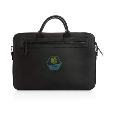 The Swiss Peak GRS recycled PU 14 inch laptop bag breathes modern luxury with a smooth finish in a rich black hue. Includes a detachable strap with dark coloured hardware and two front zipped compartments. Made with GRS certified recycled materials. Made from 100% GRS certified PU. GRS certification ensures a completely certified supply chain of the recycled materials. Total recycled content: 61% based on total item weight. PVC free.<br /><br />FitsLaptopTabletSizeInches: 14.0<br />PVC free: true