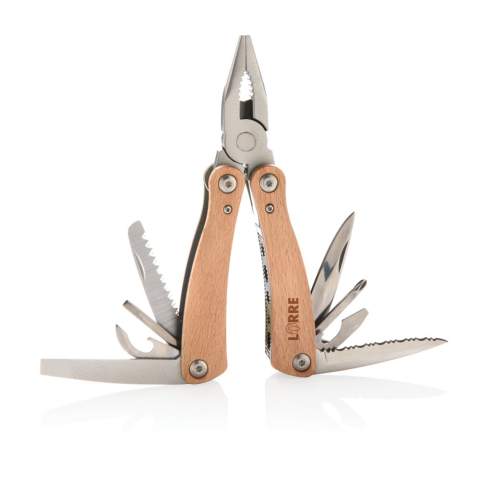 Strong and durable multitool with 13 functions. With beech wood case and high quality stainless steel tools. Tools include: Long nose pliers, standard pliers, wire cutters, serrated blade, bottle opener, large flat screwdriver, phillips screwdriver, knife, saw, small flat screwdriver, can opener, medium flat screwdriver, file. Packed in gift box.