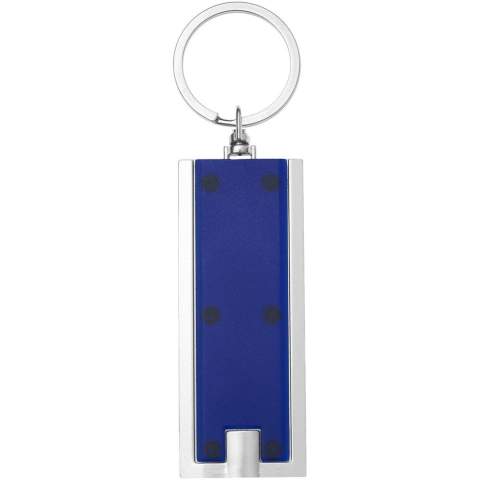 Porte clé torche à LED blanche lumineuse avec bouton-poussoir. Anneau métallique. Piles fournies.