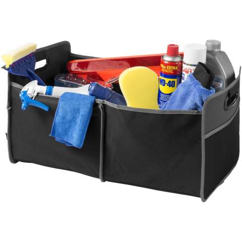 Je auto op orde met deze kofferbak-organizer die netjes kan worden opgevouwen als hij niet in gebruik is. Gemaakt van 600D polyester. Twee binnencompartimenten en twee buitenvakken voor extra opbergruimte. Gevoerde grepen. Geleverd met een STAC hanger. Exclusief ontwerp.