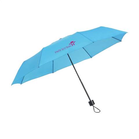 Parapluie compact et pliable avec housse en polyester 190 T. Structure et poignée en métal, poignée de suspension en plastique avec une boucle, fermeture velcro et housse de rangement. Fonctionnement manuel. Dim. plié : Ø 5,5 x 24 cm.