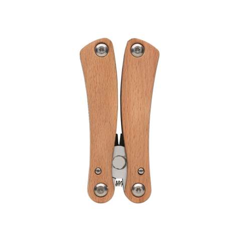 Strong and durable multitool with 13 functions. With beech wood case and high quality stainless steel tools. Tools include: Long nose pliers, standard pliers, wire cutters, serrated blade, bottle opener, large flat screwdriver, phillips screwdriver, knife, saw, small flat screwdriver, can opener, medium flat screwdriver, file. Packed in gift box.
