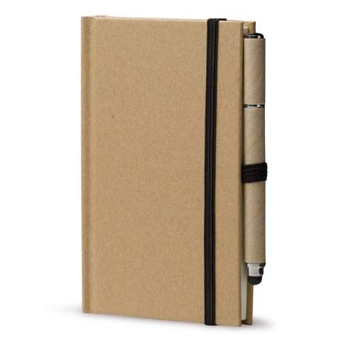 Notizbuch mit Umschlag aus Karton in A6 Format mit Gummiband und 160 linierten cremefarbigen Seiten, inkl. Karton Stylus Kugelschreiber.