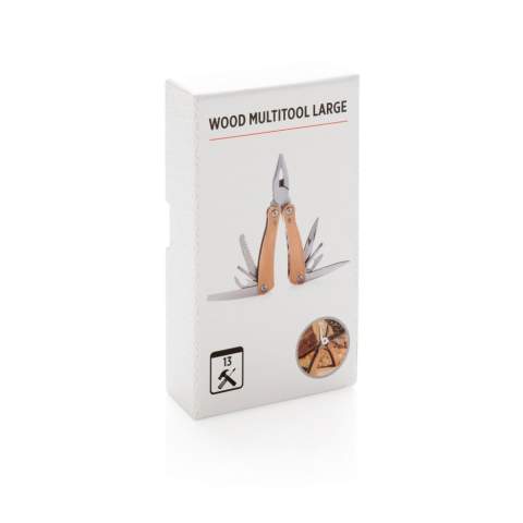 Strong and durable multitool with 13 functions. With beech wood case and high quality stainless steel tools. Tools include: Long nose pliers, standard pliers, wire cutters, serrated blade, bottle opener, large flat screwdriver, phillips screwdriver, knife, saw, small flat screwdriver, can opener, medium flat screwdriver, file. Packed in gift box.