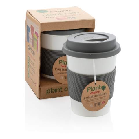 Mug 350 ml avec partie blanche en PLA. Couvercle et bandeau de protection en silicone. PLA : 100% matérieau végétal biodégradable.