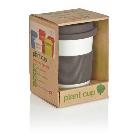 Mug 350 ml avec partie blanche en PLA. Couvercle et bandeau de protection en silicone. PLA : 100% matérieau végétal biodégradable.