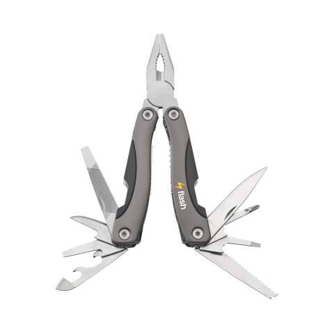 Compact stainless steel multi tool with aluminium hand grip and metallic look. 9-pieces with 13 functions: tongs, wire cutter, 3 screwdrivers, phillips screwdriver, file, saw/fish scraper, knife, reamer, can opener and cap lifter. In a 600D nylon pouch. Please note local rules may apply regarding the possession and/or carrying of knives or multitools in public. Each item is supplied in an individual brown cardboard box.