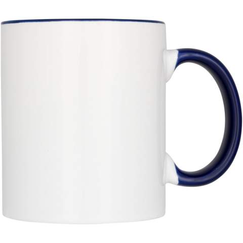 Deze keramische mok met klassiek design heeft een speciale coating voor sublimatie. De mok heeft een gekleurde binnenkant met oor in bijpassende kleur. Vaatwasmachinebestendig volgens EN12875-1 (minimaal 125 wasbeurten) voor alle decoratiemethoden. Capaciteit is 330 ml. Geleverd in wit kartonnen doos.