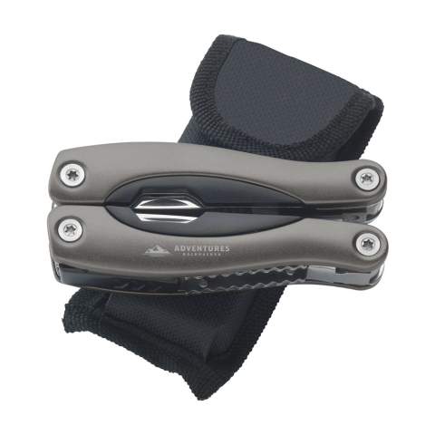 Compact stainless steel multi tool with aluminium hand grip and metallic look. 9-pieces with 13 functions: tongs, wire cutter, 3 screwdrivers, phillips screwdriver, file, saw/fish scraper, knife, reamer, can opener and cap lifter. In a 600D nylon pouch. Please note local rules may apply regarding the possession and/or carrying of knives or multitools in public. Each item is supplied in an individual brown cardboard box.
