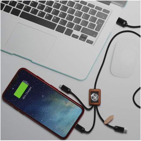 3-in-1 bamboo cable with 1 meter long wires and 3 connectors (type C, micro USB, iPhone). Can be decorated with a light-up logo on both sides. Delivered in a TPU pouch, with a kraft paper card. 
