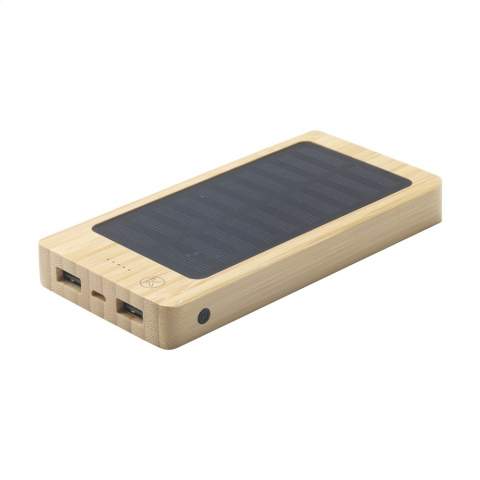 Powerful, high-capacity powerbank and wireless charger with natural bamboo case. The built-in 8000mAh lithium polymer battery can be charged with solar energy or with mains electricity using the USB port. Compatible with all mobile devices that support QI wireless charging (newest generations Android and iPhone). Input: 5V/2A. Output: 5V/2A. Includes USB-C charging cable and user manual. Each item is individually boxed.