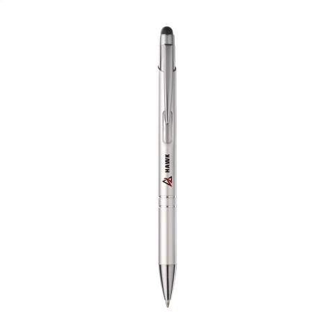 Blue ink, aluminium ballpoint pen with rubber top/pointer to operate touch screens (e.g. iPhone/iPad), matte coloured, metallic look barrel and metal clip/push button.