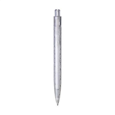 Blue ink RPET ballpoint pen, made almost entirely out of recycled PET bottles. The holder has a distinctive relief pattern. The large clip is ideal for an imprint and immediately catches the eye.