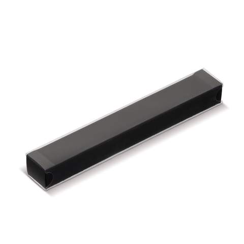Boite cadeau noire pour un stylo avec ouverture transparente.