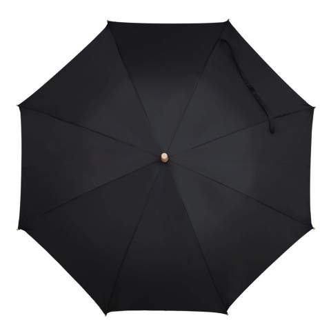 Parapluie bâton en R-PET avec un manche en bois au design emblématique. Grâce à sa monture en fibre de verre, ce parapluie à une excellente résistante aux vents. Ces embouts sont en bambou et son manche est en métal pour un meilleur recyclage. L'aspect de sa toile chinée lui donne un look luxueux (le noir est de couleur unie).