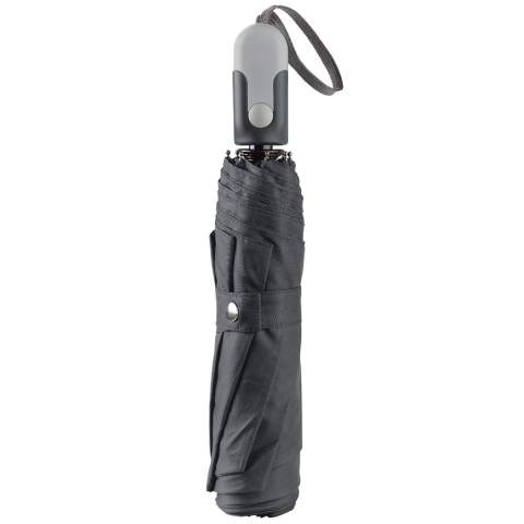 Beau parapluie pliable avec manche et poignée au design ergonomique. Les nervures du cadre sont en fibre de verre pour une durabilité accrue. Le cadre noir contraste agréablement avec le baldaquin coloré.