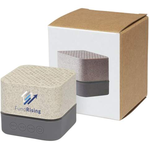 Haut-parleur Bluetooth® 5.0 composé à 51 % de paille de blé et à 49 % de polypropylène. Intègre une batterie lithium-ion rechargeable de 350 mAh qui offre jusqu’à 1,5 heure d'écoute au volume maximum. Avec une sortie haut-parleur de 3 watts, un microphone et des commandes musicales intégrées, le haut-parleur Bluetooth® Aira est le haut-parleur parfait à poser sur un bureau. Fourni dans une boîte cadeau et livré avec un manuel (fait à partir de matière durable). Livré avec un câble de charge Micro USB. 